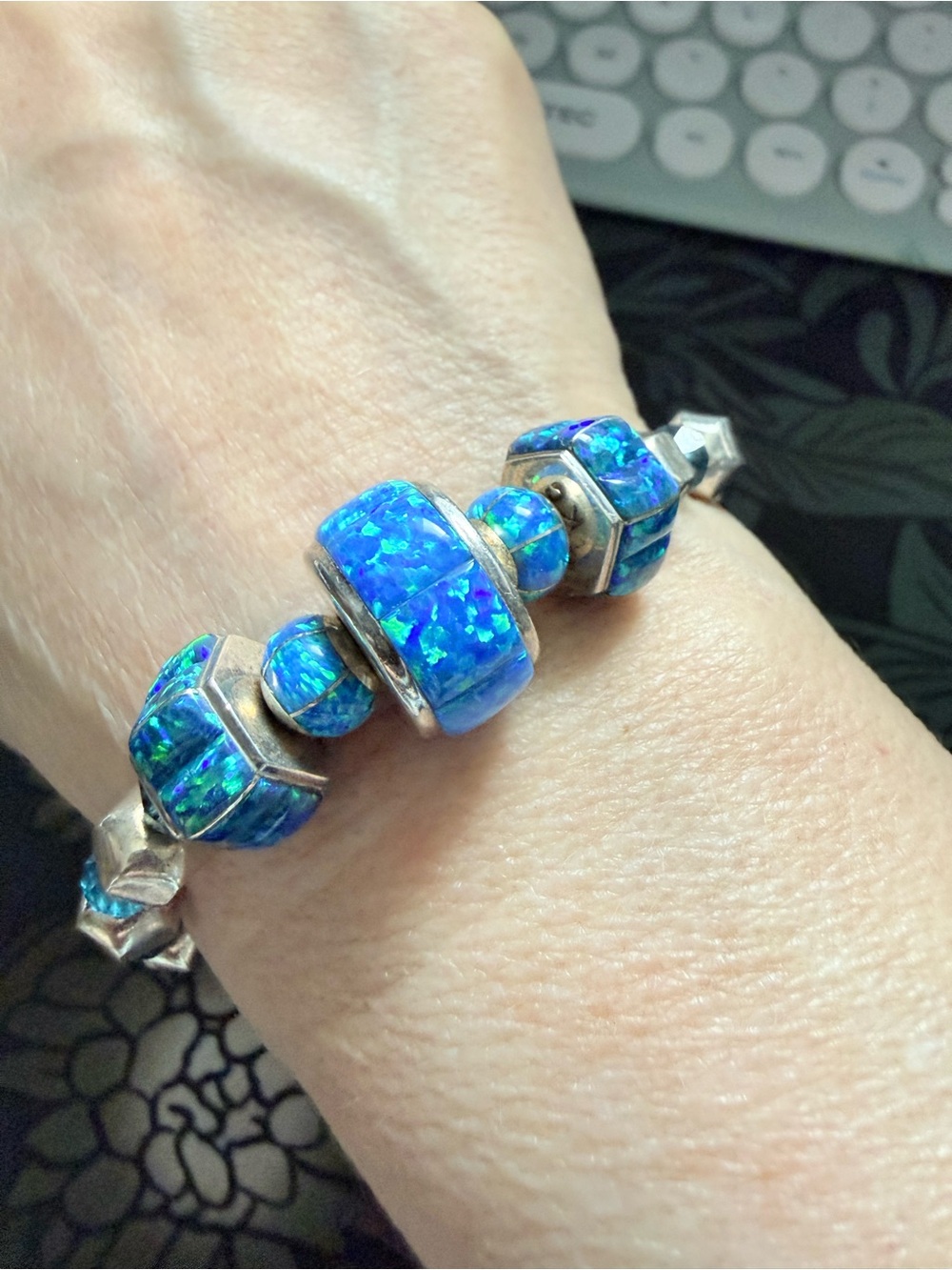 Blue Opal Inlay Sterling Silver Bracelet • Artisan Bali Beads • Toggle Clasp